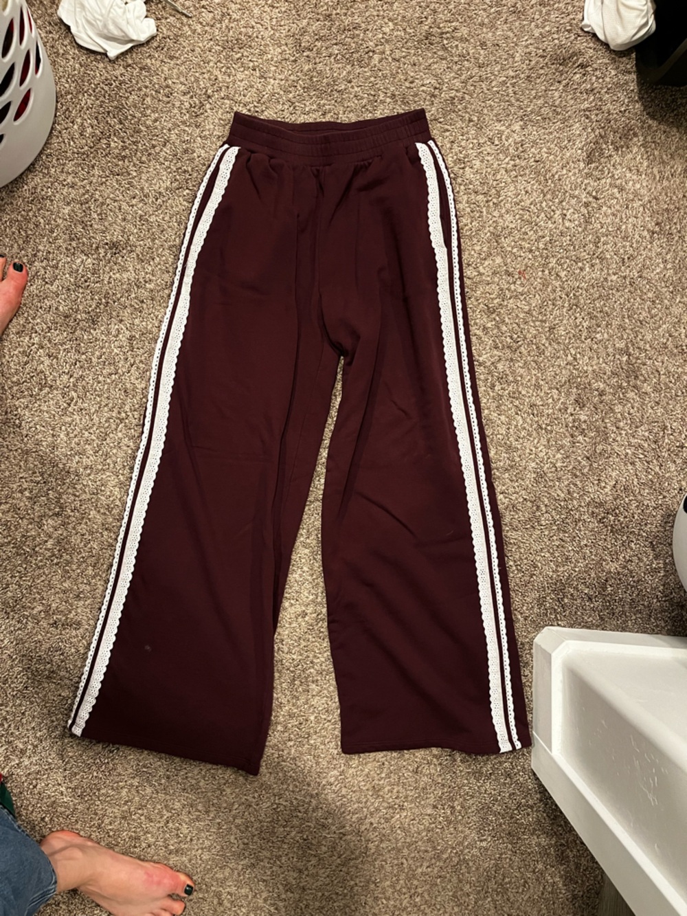 Zara Burgundy Joggers with White Lace Side Trim